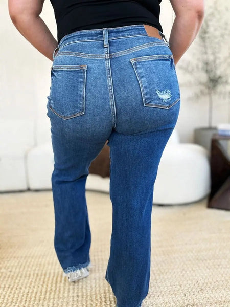 Judy Blue Full Size Mid Rise Distressed Raw Hem Jeans - Sleekdenim.com