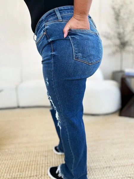 Judy Blue Full Size Mid Rise Distressed Raw Hem Jeans - Sleekdenim.com