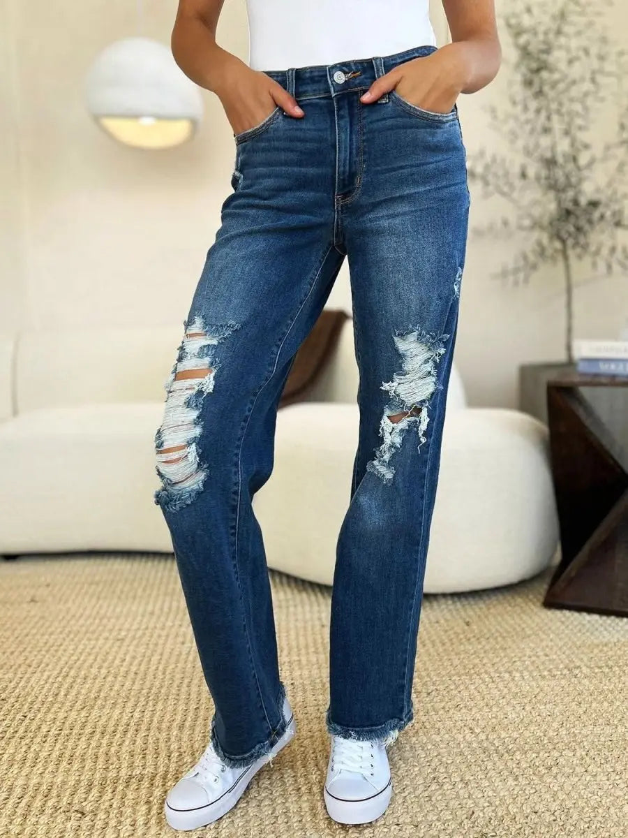 Judy Blue Full Size Mid Rise Distressed Raw Hem Jeans - Sleekdenim.com