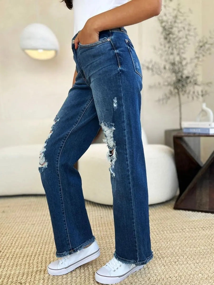 Judy Blue Full Size Mid Rise Distressed Raw Hem Jeans - Sleekdenim.com