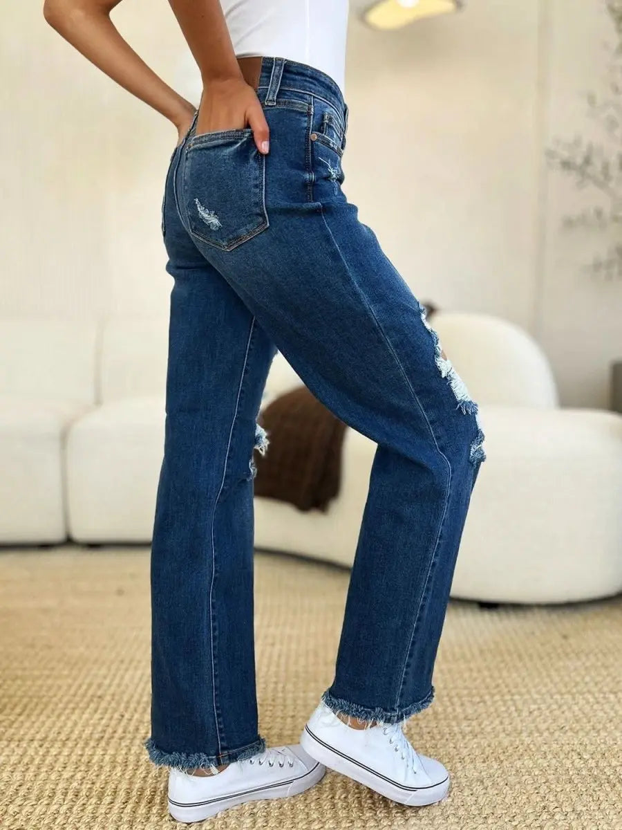 Judy Blue Full Size Mid Rise Distressed Raw Hem Jeans - Sleekdenim.com