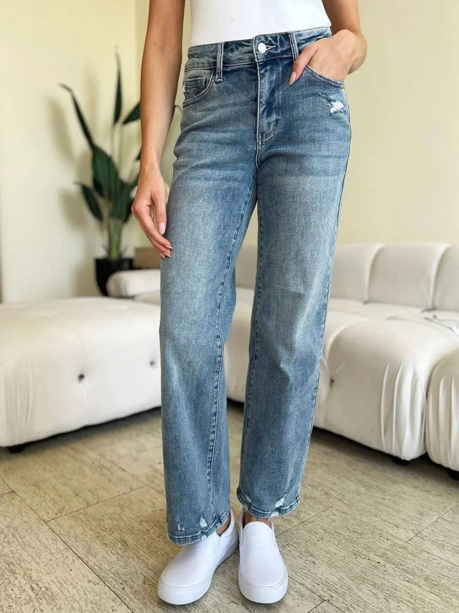 Judy Blue Full Size Mid Rise Distressed Straight Jeans - Sleekdenim.com