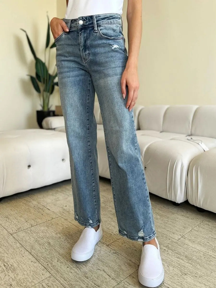 Judy Blue Full Size Mid Rise Distressed Straight Jeans - Sleekdenim.com