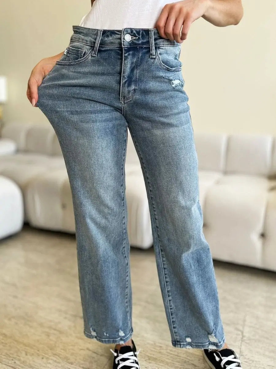 Judy Blue Full Size Mid Rise Distressed Straight Jeans - Sleekdenim.com