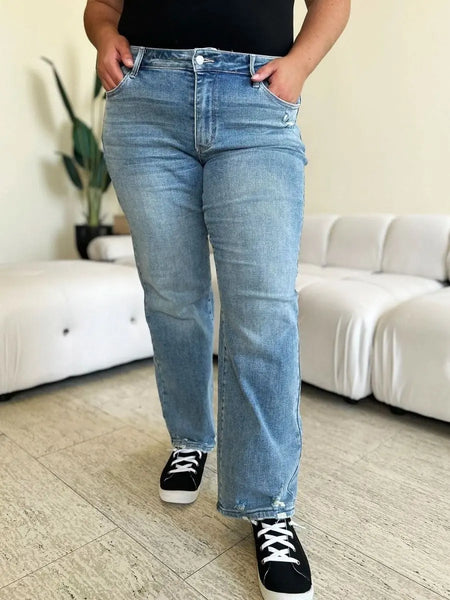 Judy Blue Full Size Mid Rise Distressed Straight Jeans - Sleekdenim.com