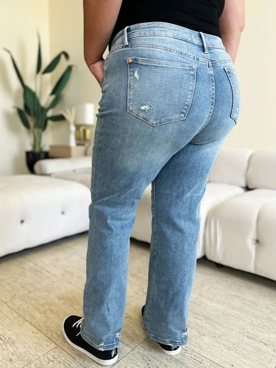 Judy Blue Full Size Mid Rise Distressed Straight Jeans - Sleekdenim.com