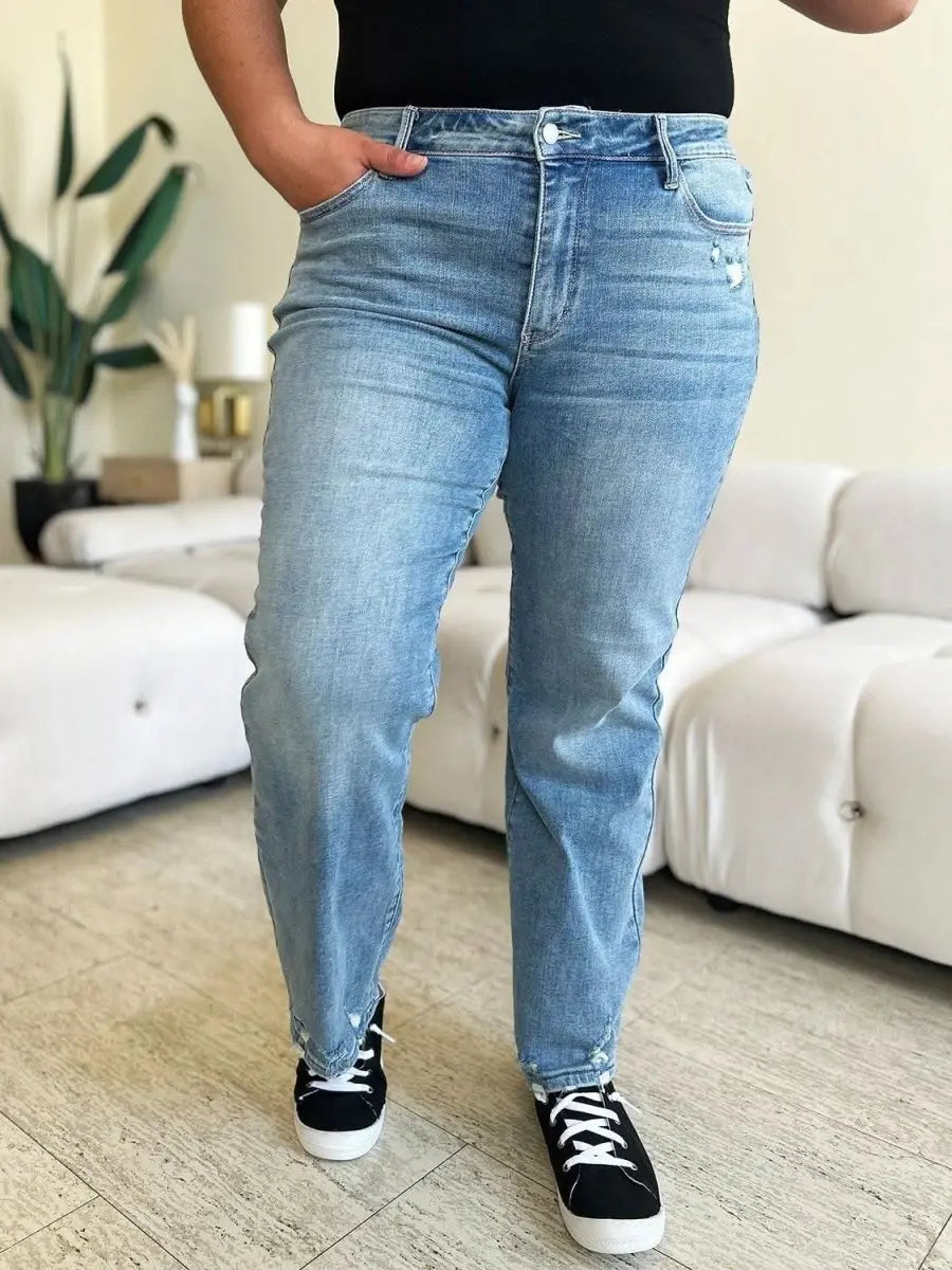 Judy Blue Full Size Mid Rise Distressed Straight Jeans - Sleekdenim.com