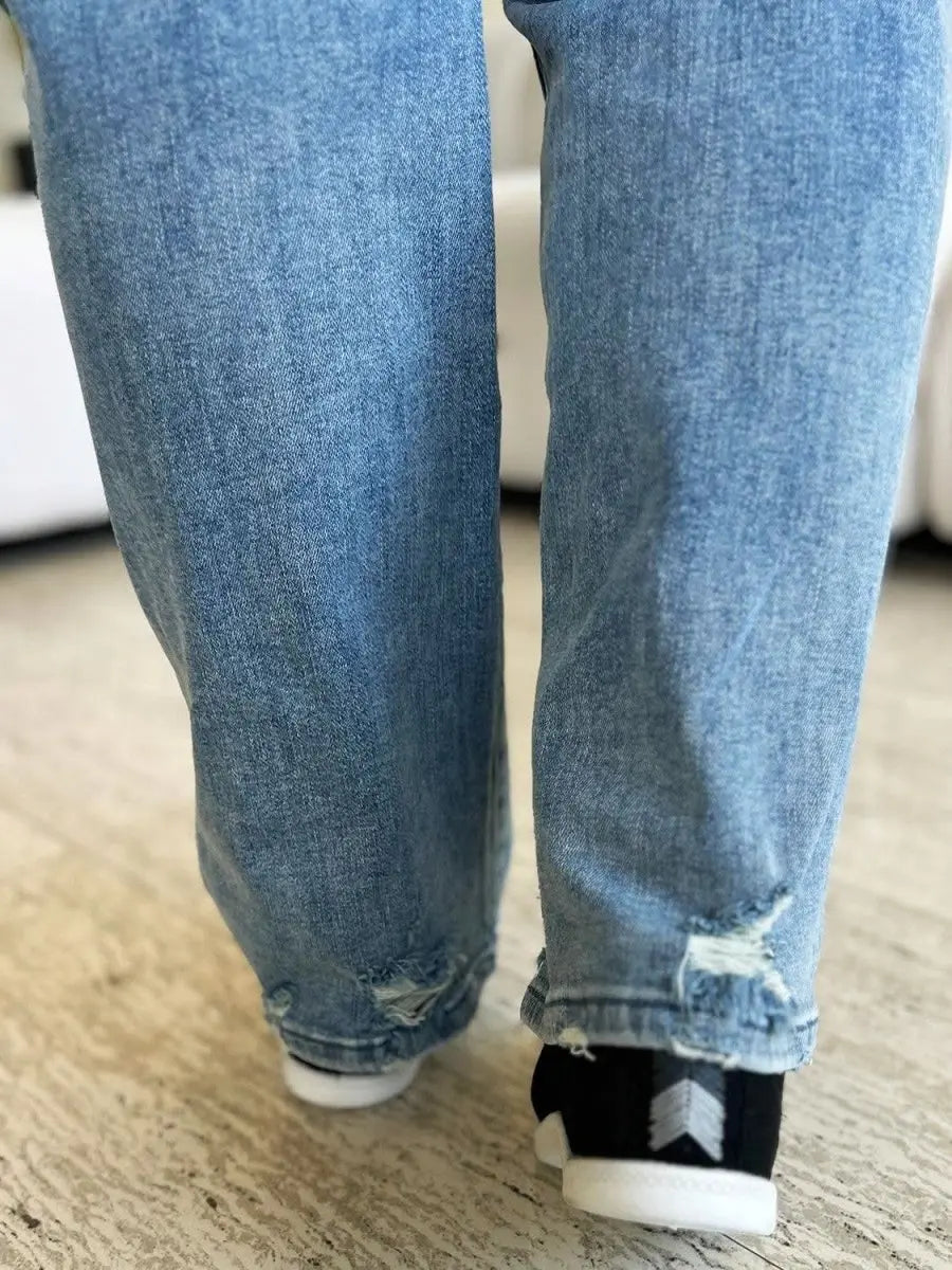 Judy Blue Full Size Mid Rise Distressed Straight Jeans - Sleekdenim.com