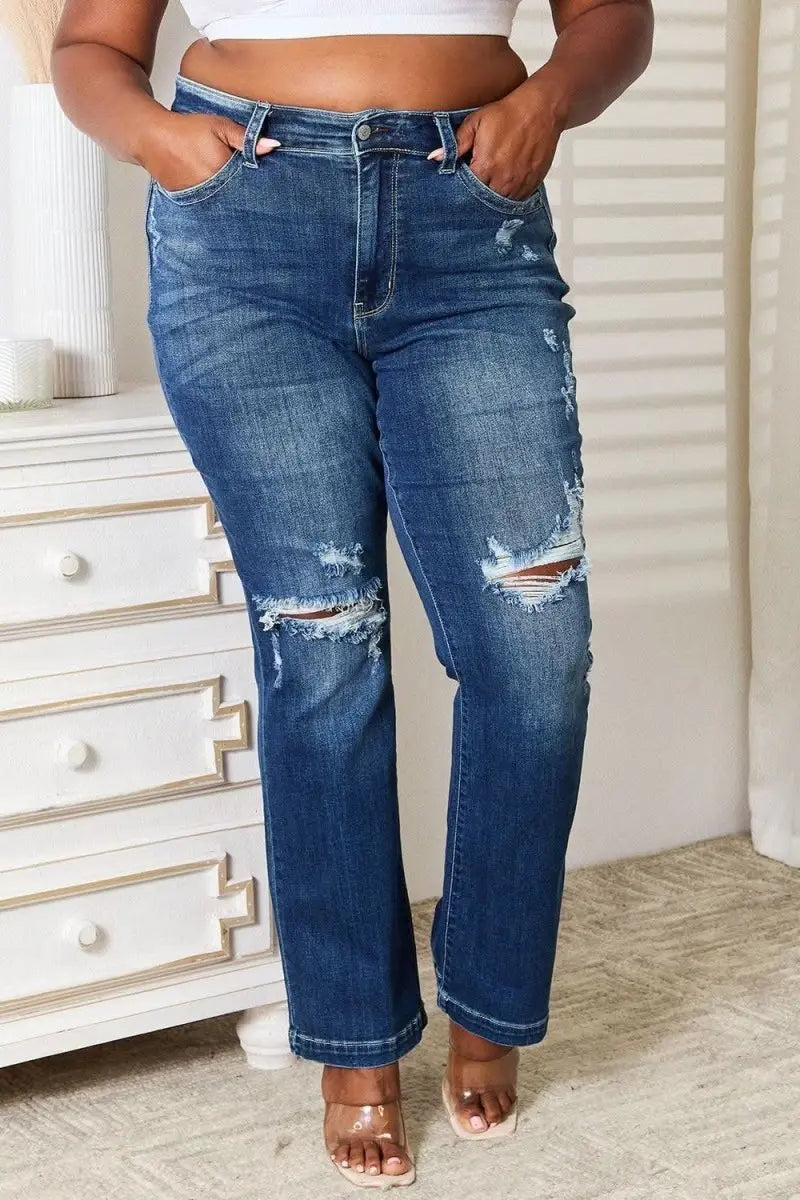 Judy Blue Full Size Mid Rise Hand Sand & Destroy Bootcut Jeans - Sleekdenim.com