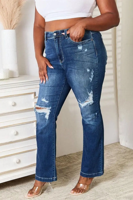 Judy Blue Full Size Mid Rise Hand Sand & Destroy Bootcut Jeans - Sleekdenim.com