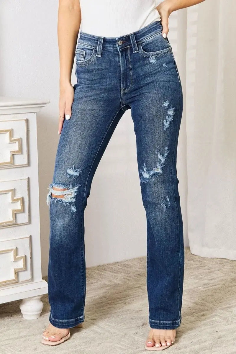 Judy Blue Full Size Mid Rise Hand Sand & Destroy Bootcut Jeans - Sleekdenim.com