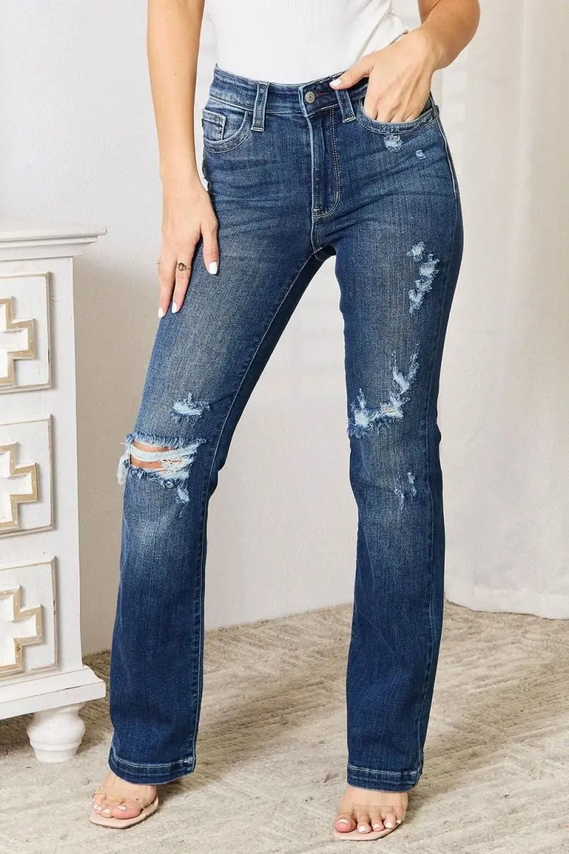 Judy Blue Full Size Mid Rise Hand Sand & Destroy Bootcut Jeans - Sleekdenim.com