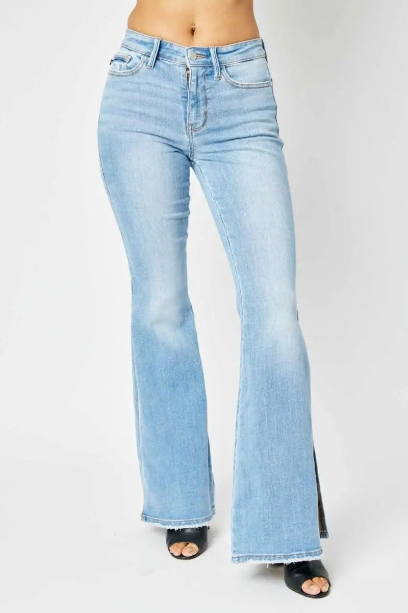 Judy Blue Full Size Mid Rise Raw Hem Slit Flare Jeans - Sleekdenim.com