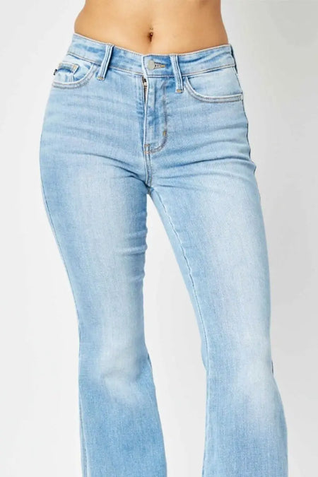 Judy Blue Full Size Mid Rise Raw Hem Slit Flare Jeans - Sleekdenim.com