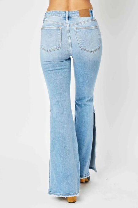 Judy Blue Full Size Mid Rise Raw Hem Slit Flare Jeans - Sleekdenim.com