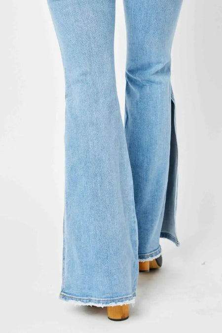 Judy Blue Full Size Mid Rise Raw Hem Slit Flare Jeans - Sleekdenim.com