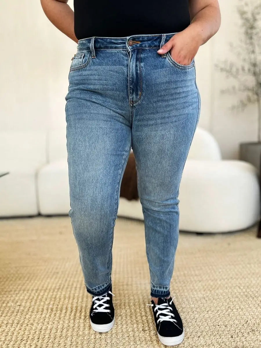 Judy Blue Full Size Mid Rise Rigid Magic Release Hem Jeans - Sleekdenim.com