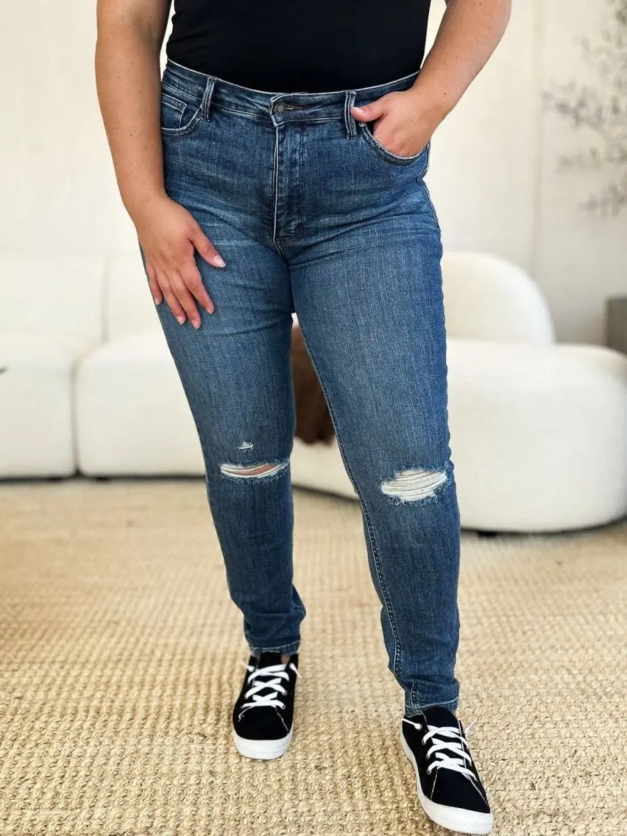 Judy Blue Full Size Mid Waist Distressed Slim Jeans - Sleekdenim.com