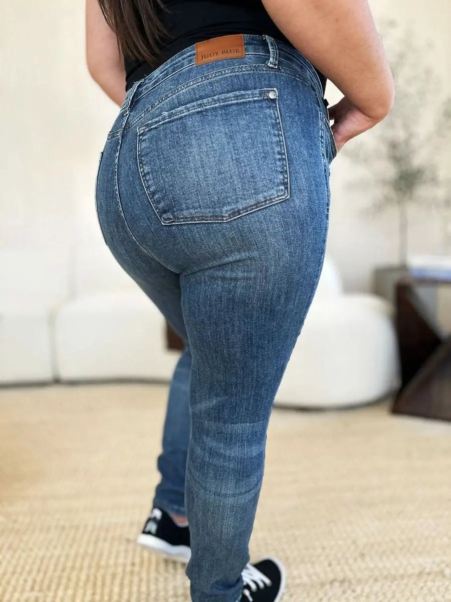 Judy Blue Full Size Mid Waist Distressed Slim Jeans - Sleekdenim.com