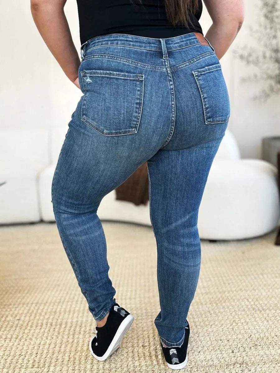 Judy Blue Full Size Mid Waist Distressed Slim Jeans - Sleekdenim.com