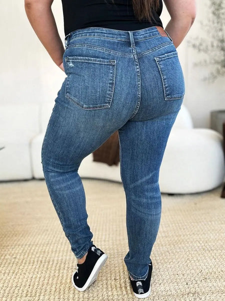 Judy Blue Full Size Mid Waist Distressed Slim Jeans - Sleekdenim.com