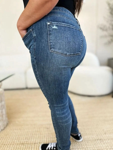 Judy Blue Full Size Mid Waist Distressed Slim Jeans - Sleekdenim.com