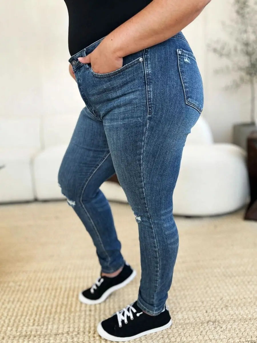 Judy Blue Full Size Mid Waist Distressed Slim Jeans - Sleekdenim.com