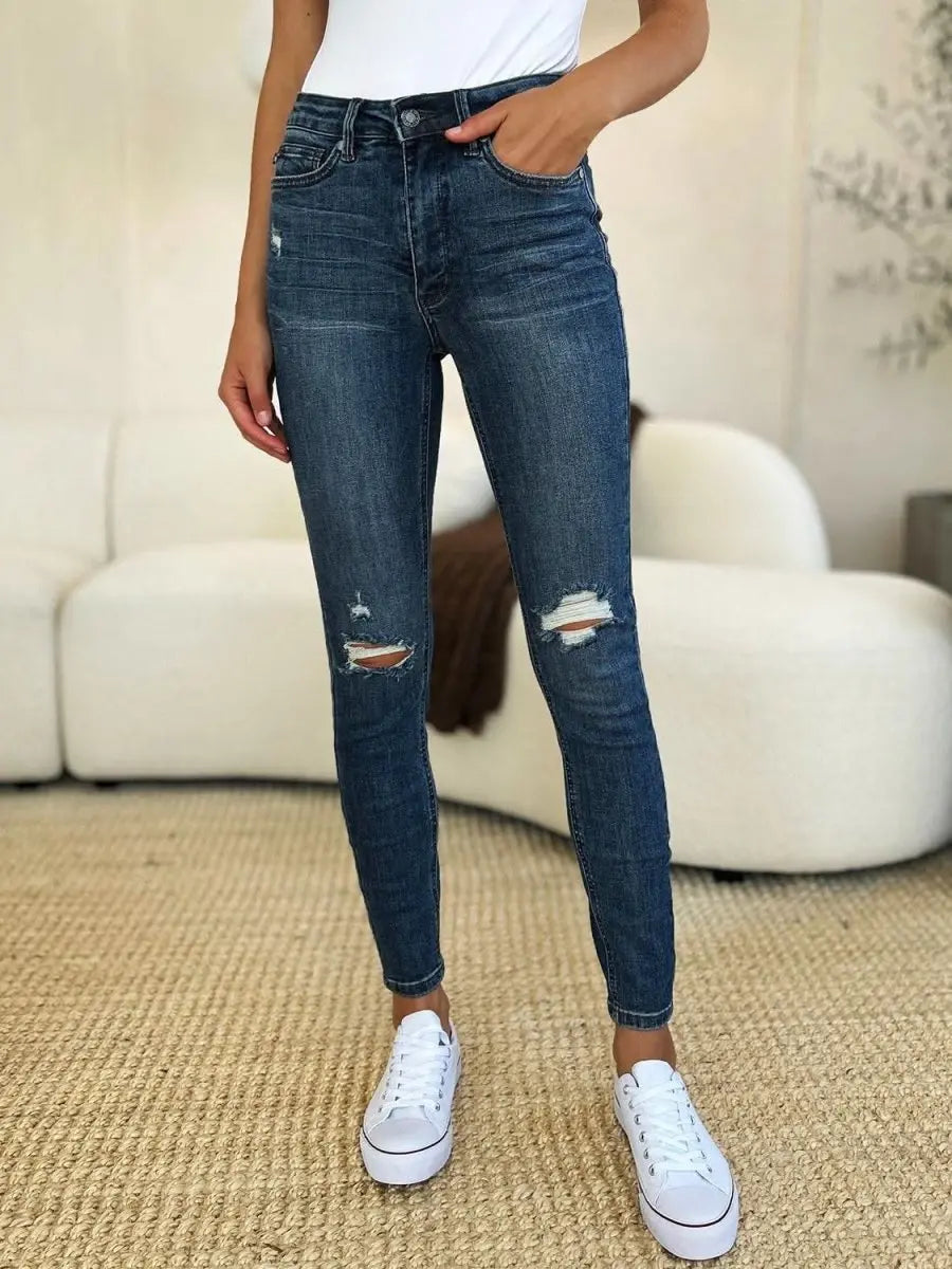 Judy Blue Full Size Mid Waist Distressed Slim Jeans - Sleekdenim.com