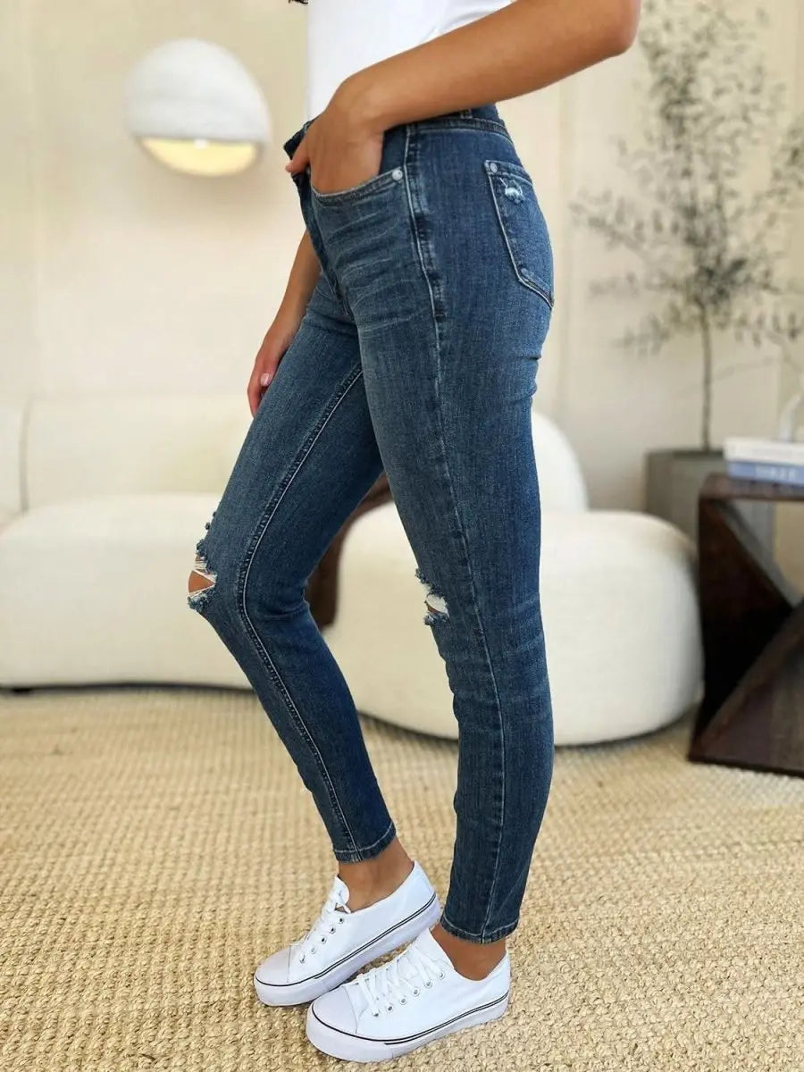 Judy Blue Full Size Mid Waist Distressed Slim Jeans - Sleekdenim.com