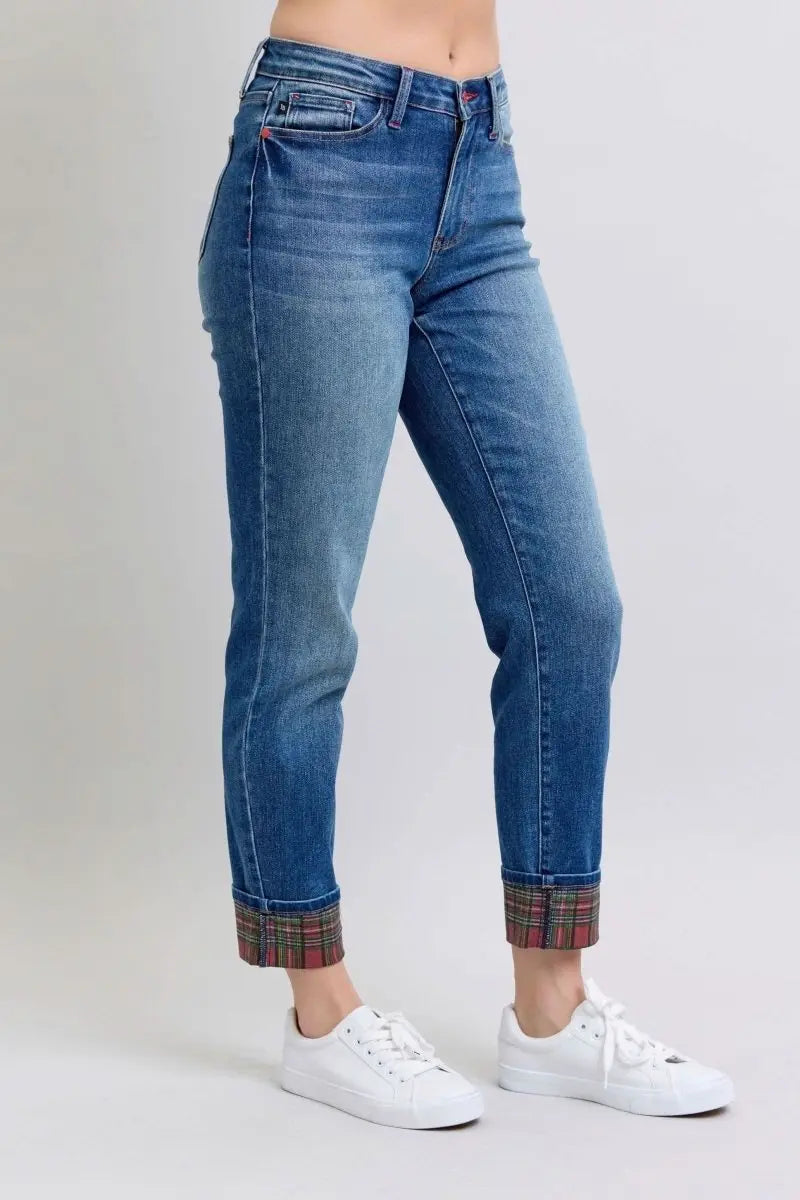 Judy Blue Full Size Plaid Print Cuff Straight Leg Jeans with Pockets - Sleekdenim.com