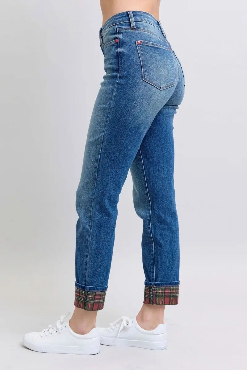 Judy Blue Full Size Plaid Print Cuff Straight Leg Jeans with Pockets - Sleekdenim.com