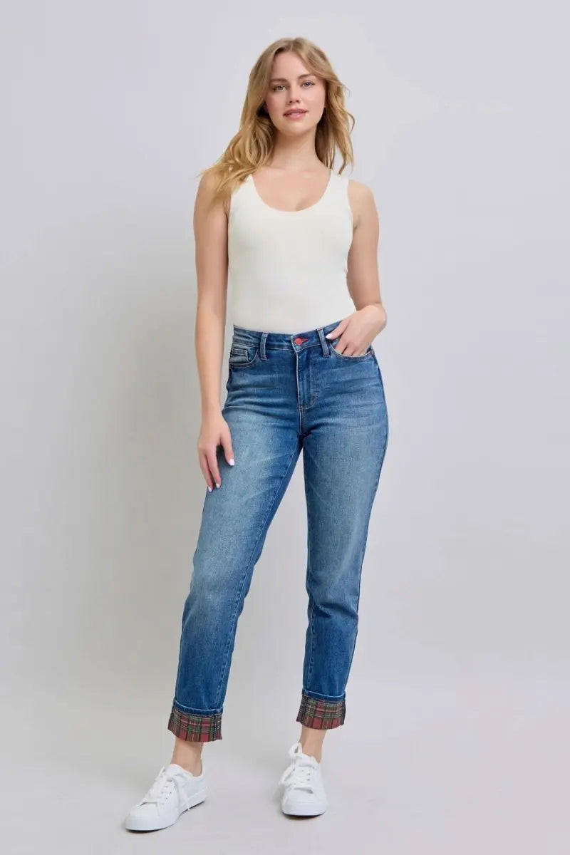 Judy Blue Full Size Plaid Print Cuff Straight Leg Jeans with Pockets - Sleekdenim.com