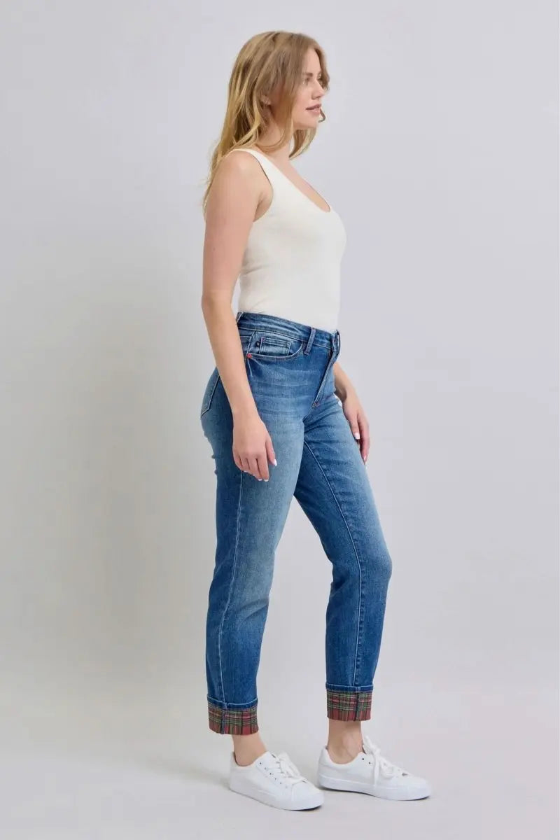 Judy Blue Full Size Plaid Print Cuff Straight Leg Jeans with Pockets - Sleekdenim.com