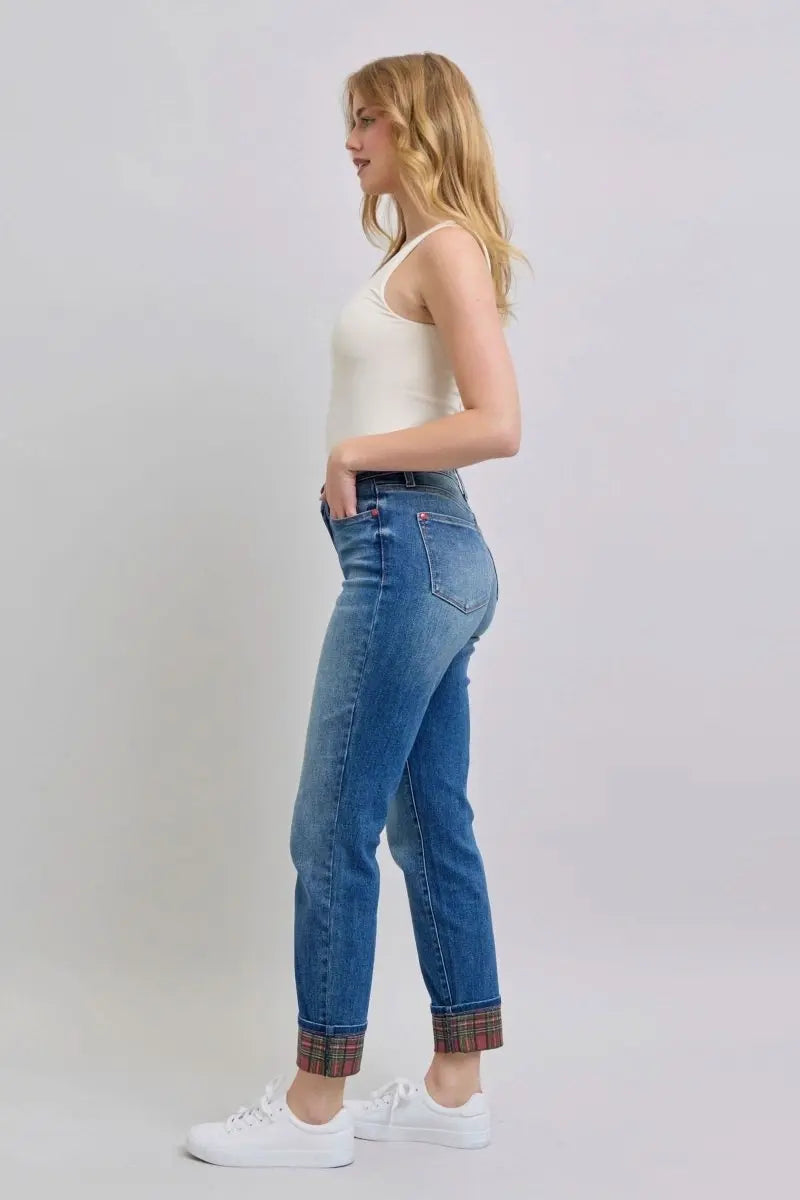 Judy Blue Full Size Plaid Print Cuff Straight Leg Jeans with Pockets - Sleekdenim.com