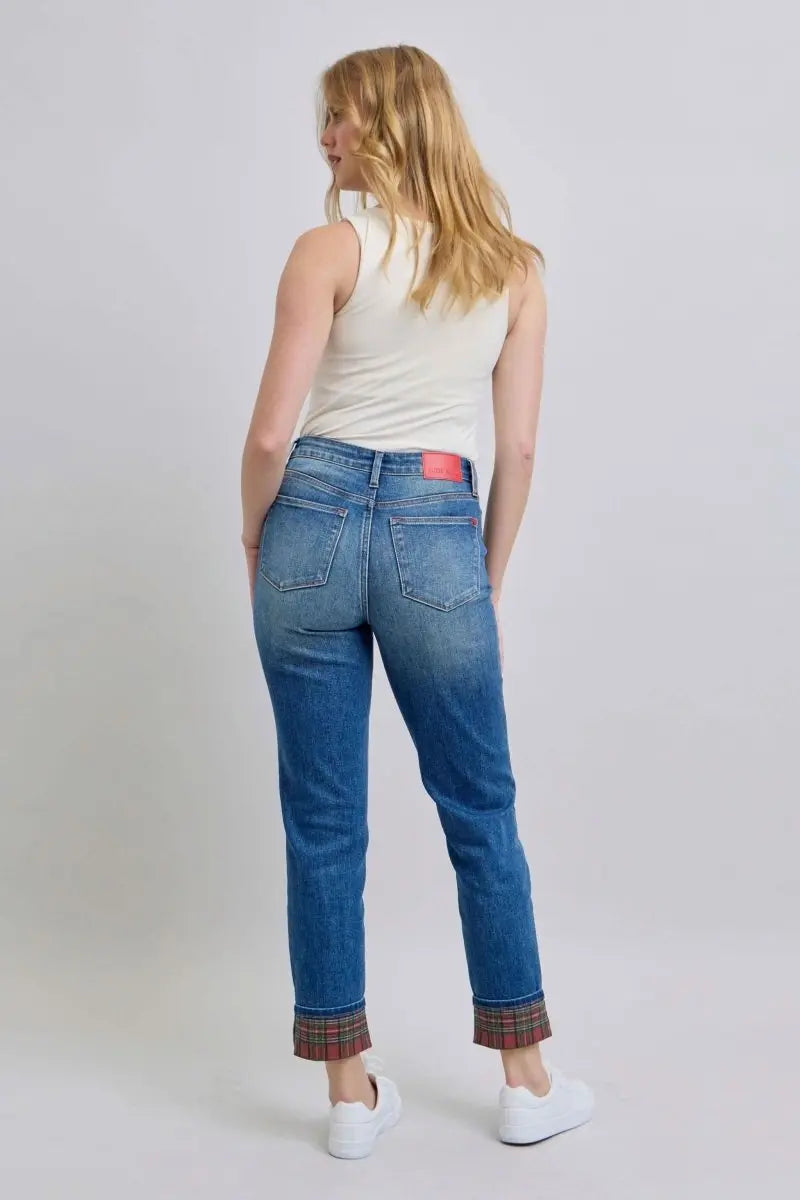 Judy Blue Full Size Plaid Print Cuff Straight Leg Jeans with Pockets - Sleekdenim.com