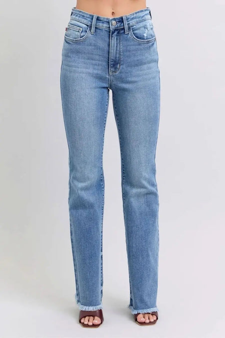 Judy Blue Full Size Raw Hem High Rise Bootcut Jeans - Sleekdenim.com