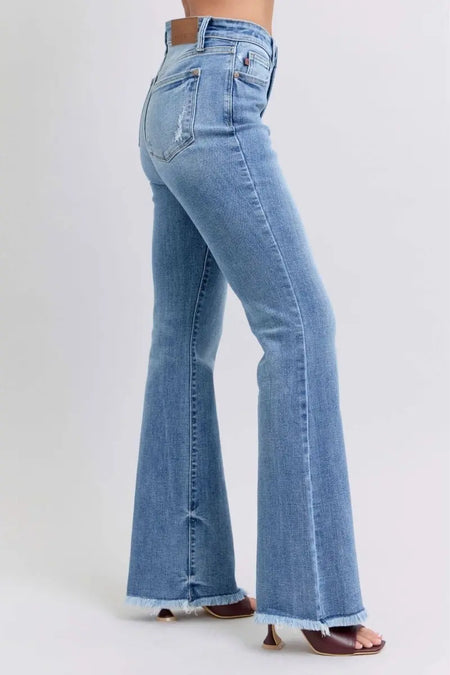 Judy Blue Full Size Raw Hem High Rise Bootcut Jeans - Sleekdenim.com