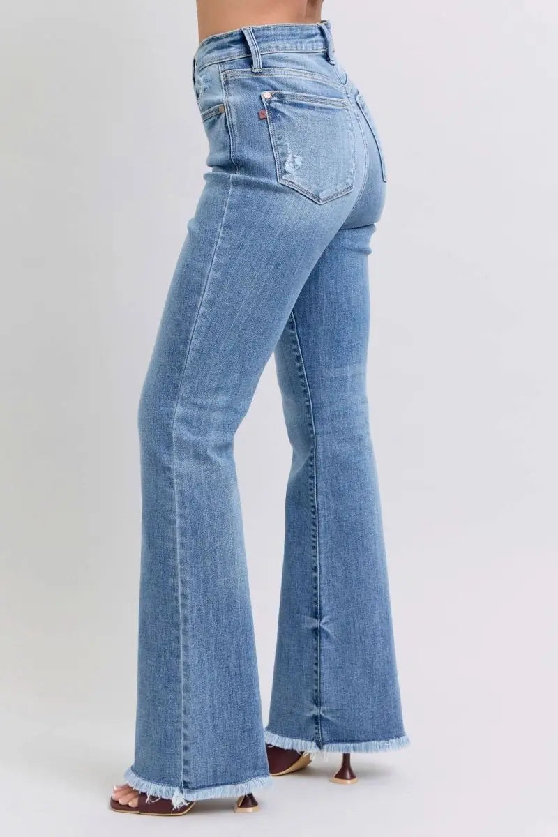 Judy Blue Full Size Raw Hem High Rise Bootcut Jeans - Sleekdenim.com