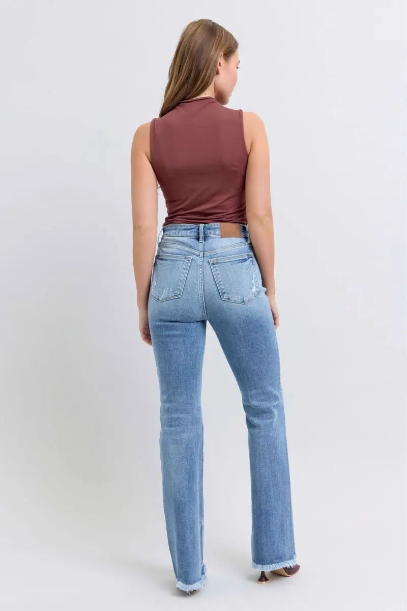 Judy Blue Full Size Raw Hem High Rise Bootcut Jeans - Sleekdenim.com