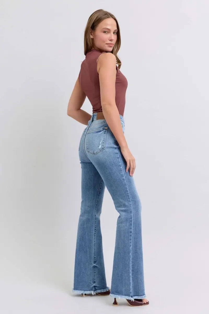 Judy Blue Full Size Raw Hem High Rise Bootcut Jeans - Sleekdenim.com