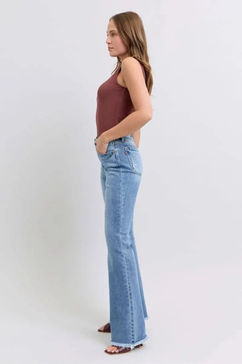 Judy Blue Full Size Raw Hem High Rise Bootcut Jeans - Sleekdenim.com