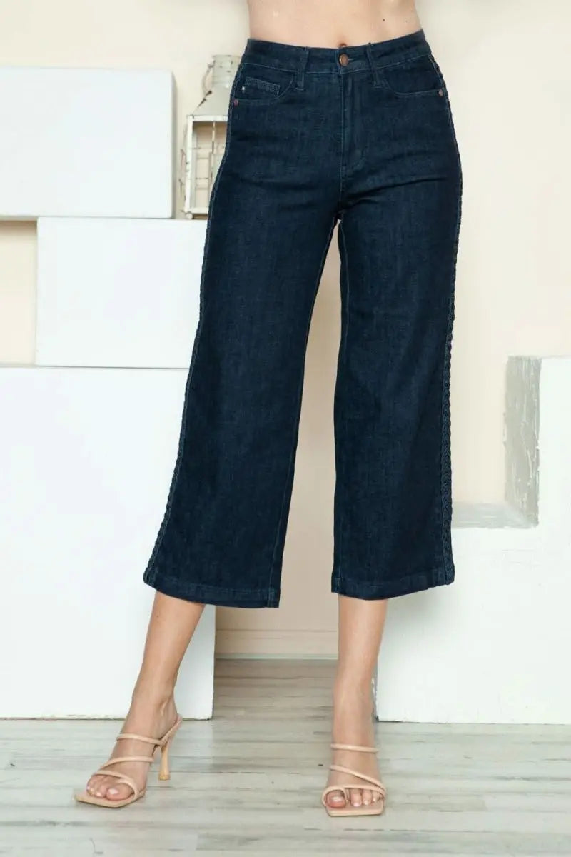 Judy Blue Full Size Side Seam Braid Detail Crop Wide Leg Jeans - Sleekdenim.com