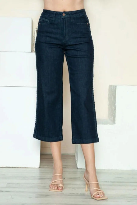 Judy Blue Full Size Side Seam Braid Detail Crop Wide Leg Jeans - Sleekdenim.com