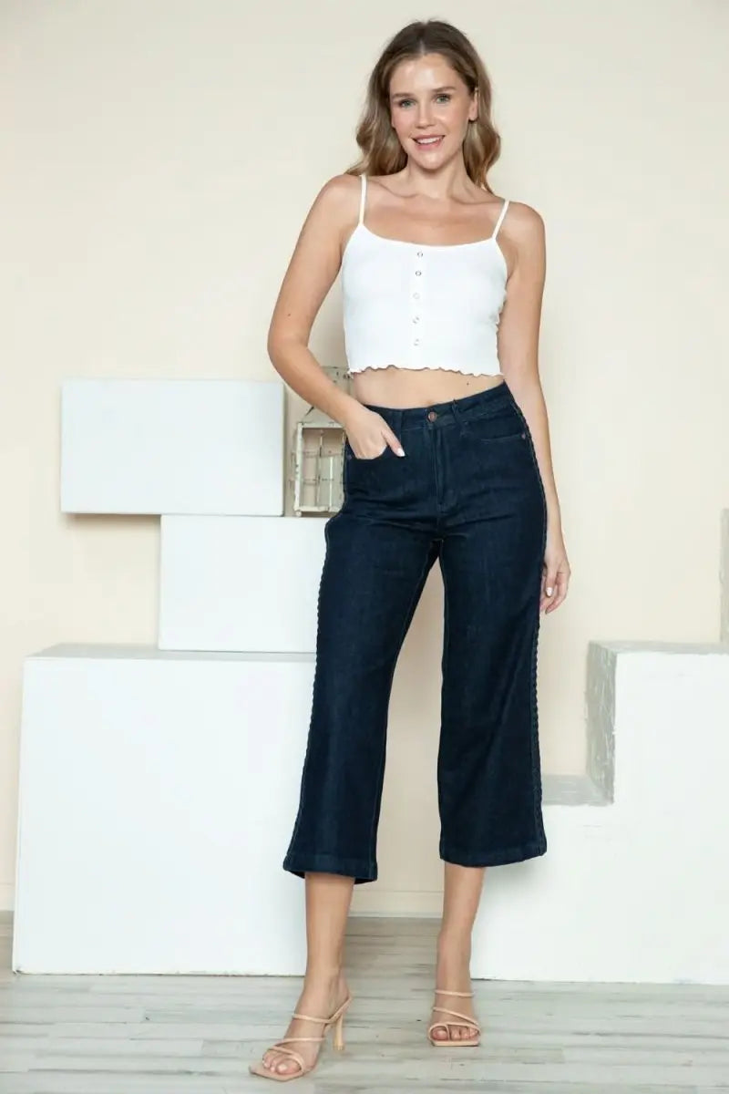 Judy Blue Full Size Side Seam Braid Detail Crop Wide Leg Jeans - Sleekdenim.com