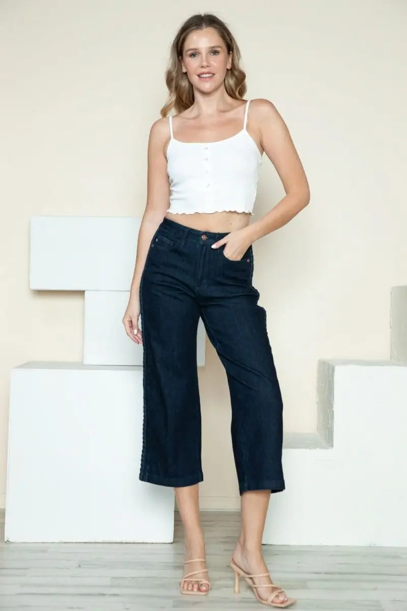 Judy Blue Full Size Side Seam Braid Detail Crop Wide Leg Jeans - Sleekdenim.com