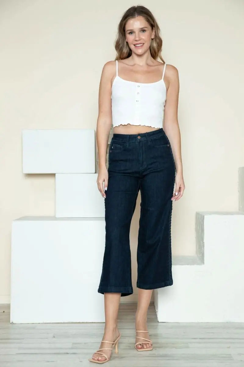 Judy Blue Full Size Side Seam Braid Detail Crop Wide Leg Jeans - Sleekdenim.com