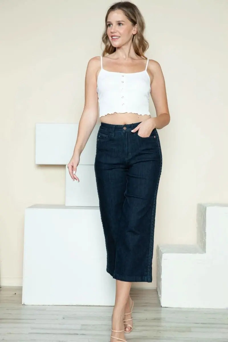 Judy Blue Full Size Side Seam Braid Detail Crop Wide Leg Jeans - Sleekdenim.com