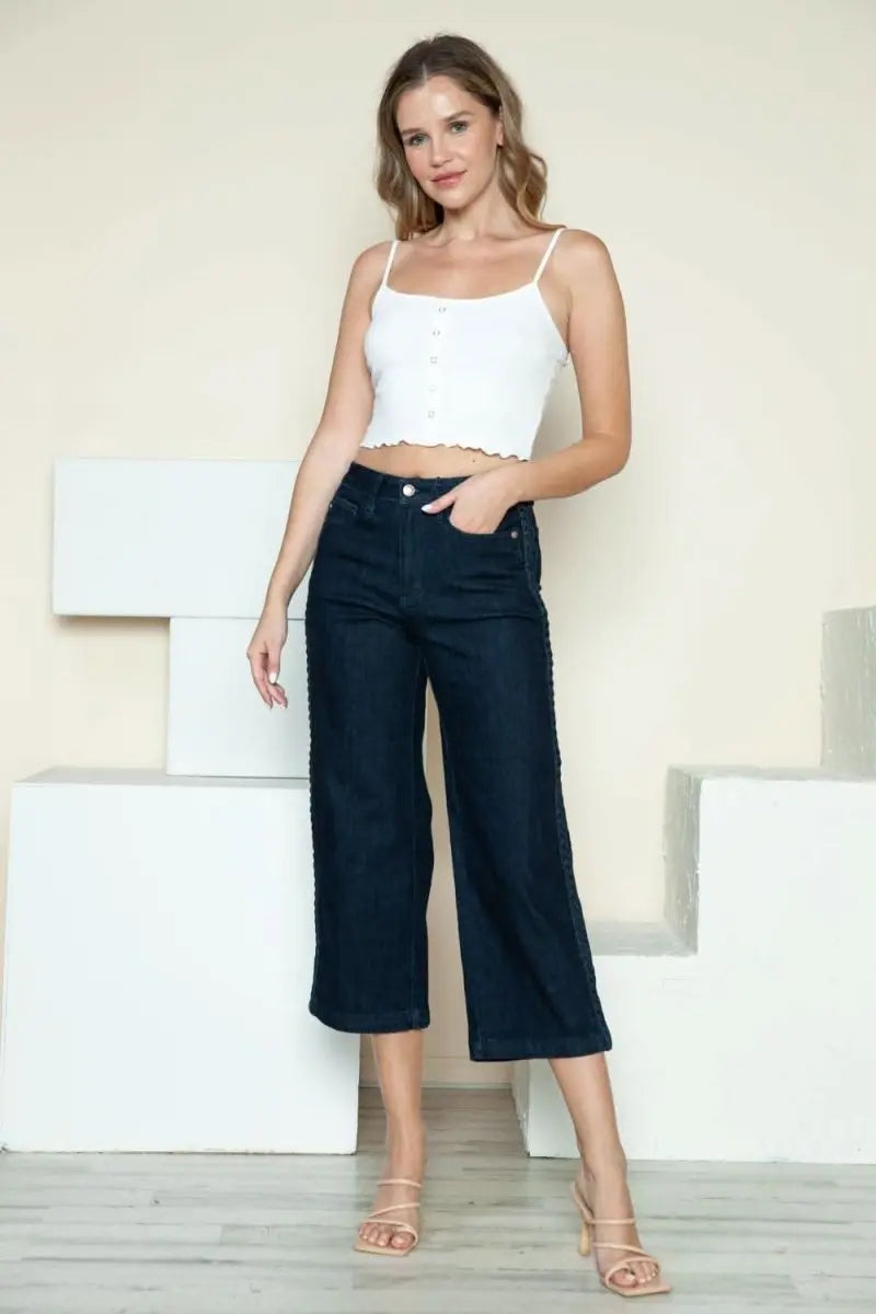 Judy Blue Full Size Side Seam Braid Detail Crop Wide Leg Jeans - Sleekdenim.com