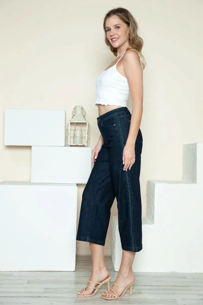 Judy Blue Full Size Side Seam Braid Detail Crop Wide Leg Jeans - Sleekdenim.com