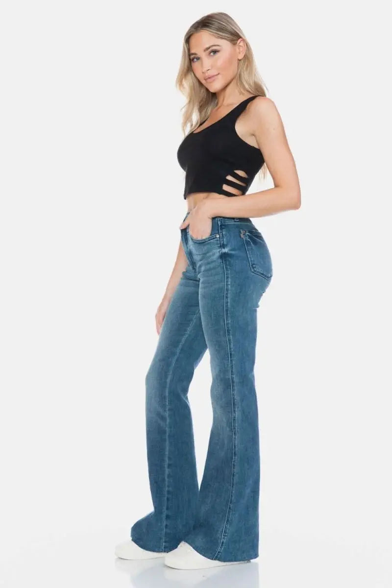 Judy Blue Full Size Tummy Control Cut Hem Flare Jeans - Sleekdenim.com